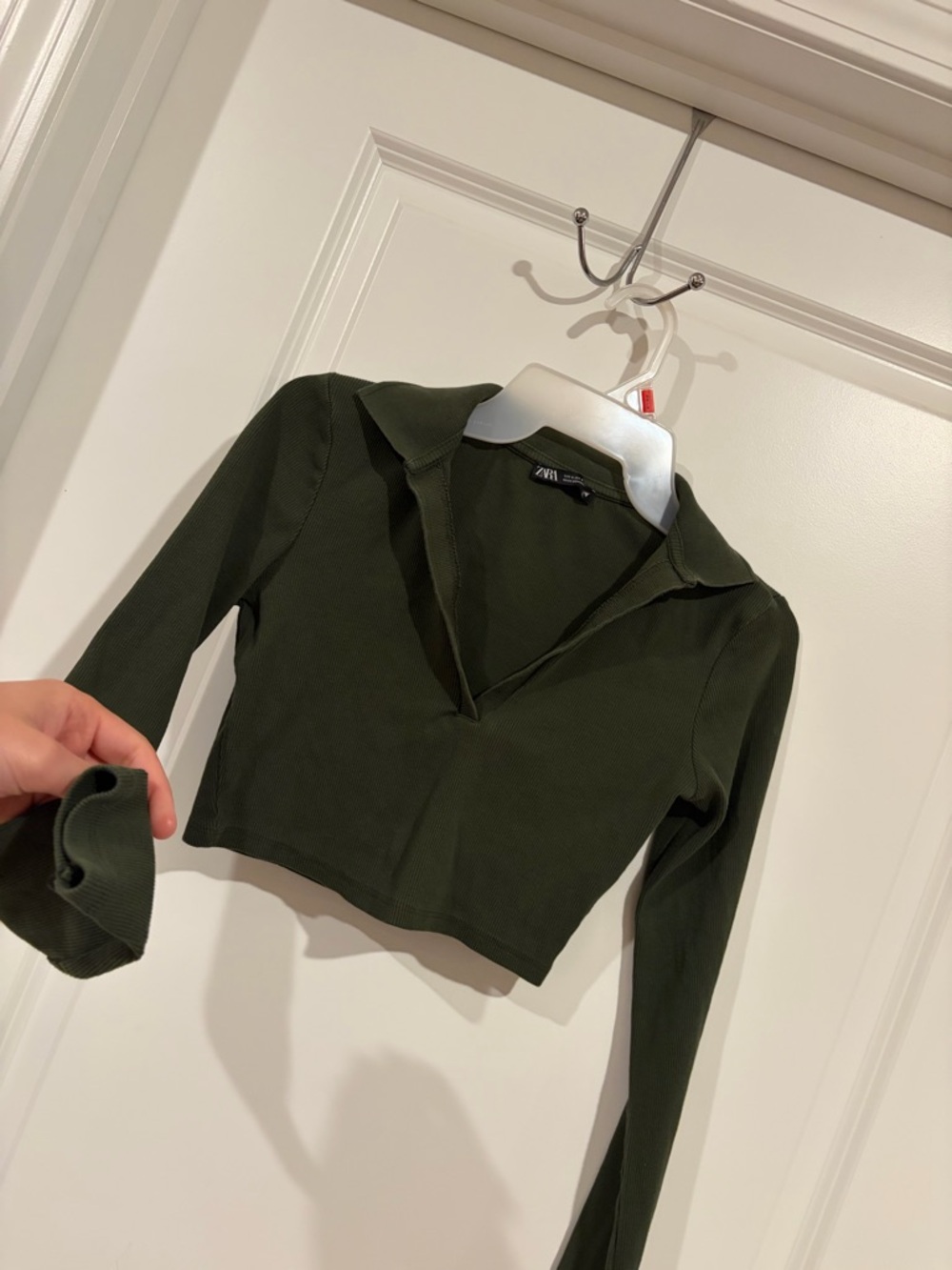 Zara Ribbed Olive Green Collared Crop Top Long Sleeve Size S